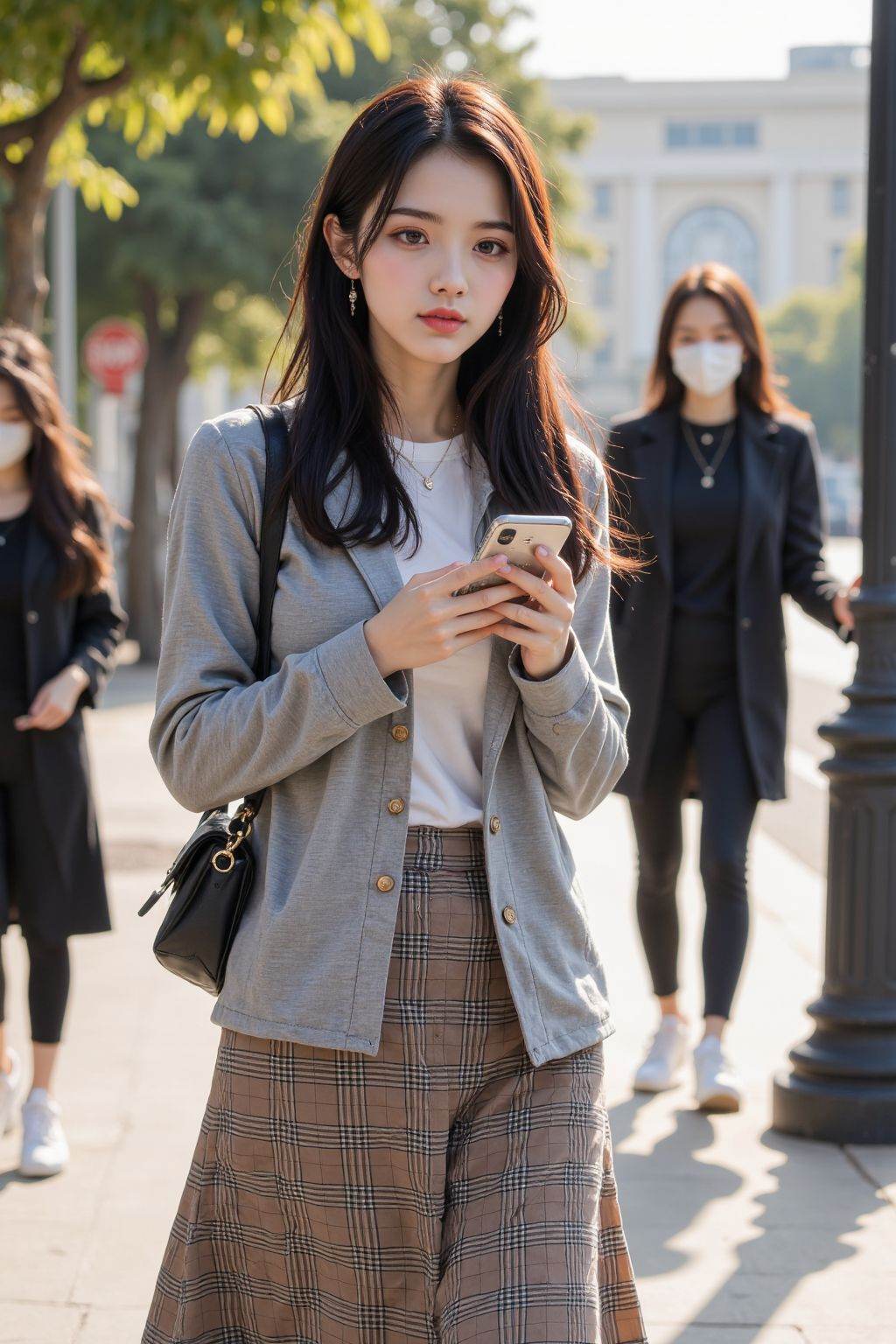 a stunning young beauty woman with luscious,long,straight black hair,adorned with subtle,slightly untamed waves,natural makeup accentuating her features,light pink lip gloss,holding a sleek smartphone with a vibrant,high-resolution display. She wears a casual-chic outfit: fitted gray cardigan,brown plaid midi skirt with subtle folds,white sneakers with slight scuffs,and a sleek black strap handbag. In the urban background,two masked figures - a woman leaning against a lamppost,a man walking with a sense of purpose - add context,suggesting a candid,everyday moment during a time of public health measures,with the woman's gaze directed towards something or someone outside the frame,bathed in soft,warm afternoon light.,
