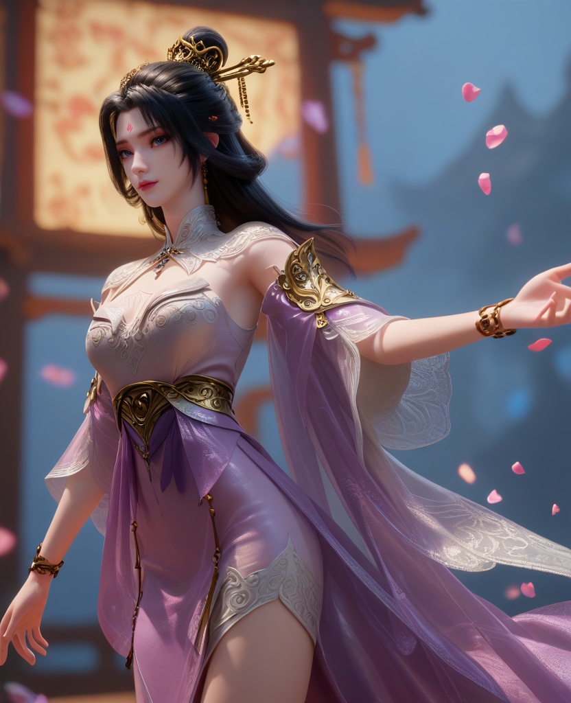 (oriental architecture, elegant decor, sophisticated style:1.1),(outstretched arms:1.1),(breasts:1.2),<lora:XL16克金玩家梅妃:0.95>,miss meifei,purple high slit corset dress,blue eyes,facial mark,black hair,draped looped buns with long cascading hair,hair ornament,jewelry,see-through capelet,bracelet,petals,, score_9,score_8_up,score_7_up,score_6_up,score_5_up,score_4_up,3d rendering,tag1,tag2, Cinematic Lighting,backlighting,, zPDXL3, zPDXL2,zPDXL, zPDXLxxx, zPDXLrl,