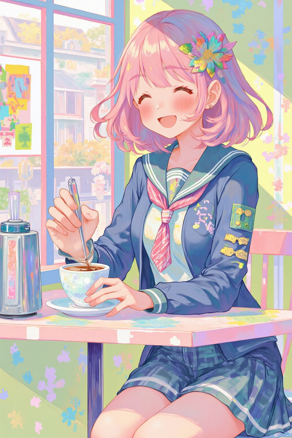 beijihui,1girl,summer_uniform,laughing,coffee house,