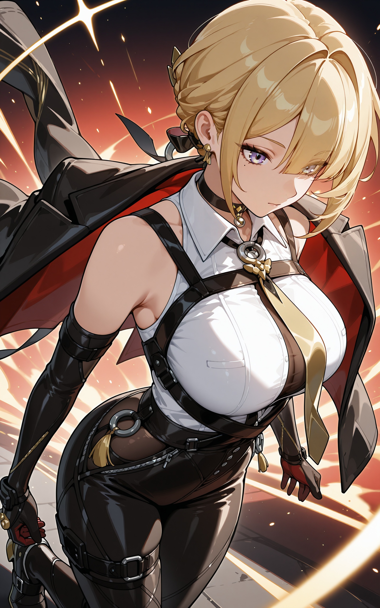 <lora:xl-ill-Evelyn(zenless zone zero)-v1-000010:0.8>,Evelyn\(zenless zone zero\),1girl,solo,mole,blonde hair,mole under eye,choker,short hair,blue eyes,eyes visible through hair,purple eyes,gloves,necktie,harness,black gloves,jacket,pants,jacket on shoulders,black pants,shirt,breasts,chest harness,black jacket,thigh strap,elbow gloves,choker,white shirt,collared shirt,sleeveless,black footwear,