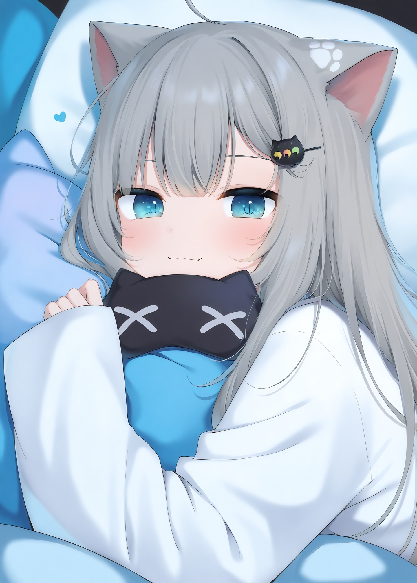 masterpiece,absurdres,best quality,petite,high quality,//,1girl,virtual_youtuber,animal_ears,cat_ears,grey_hair,blue_eyes,sleep_mask,solo,long_hair,looking_at_viewer,hair_ornament,smile,cat_girl,sleeves_past_wrists,pillow,shirt,hairclip,heart,mask,long_sleeves,white_shirt,eyebrows_hidden_by_hair,upper_body,ahoge,lying,cat_hair_ornament,:3,closed_mouth,//,<lora:amashiro_natsuki ——【CKXL】hans:0.8>,