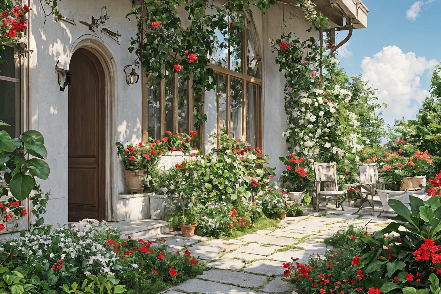 Villa,lots of blooming roses,outdoor,sky,sky,clouds,trees,blue sky,no people,leaves,chairs,grass,plants,red flowers,architecture,landscape,doors,potted plants,shrubs,house,garden,HD,16k,garden design,