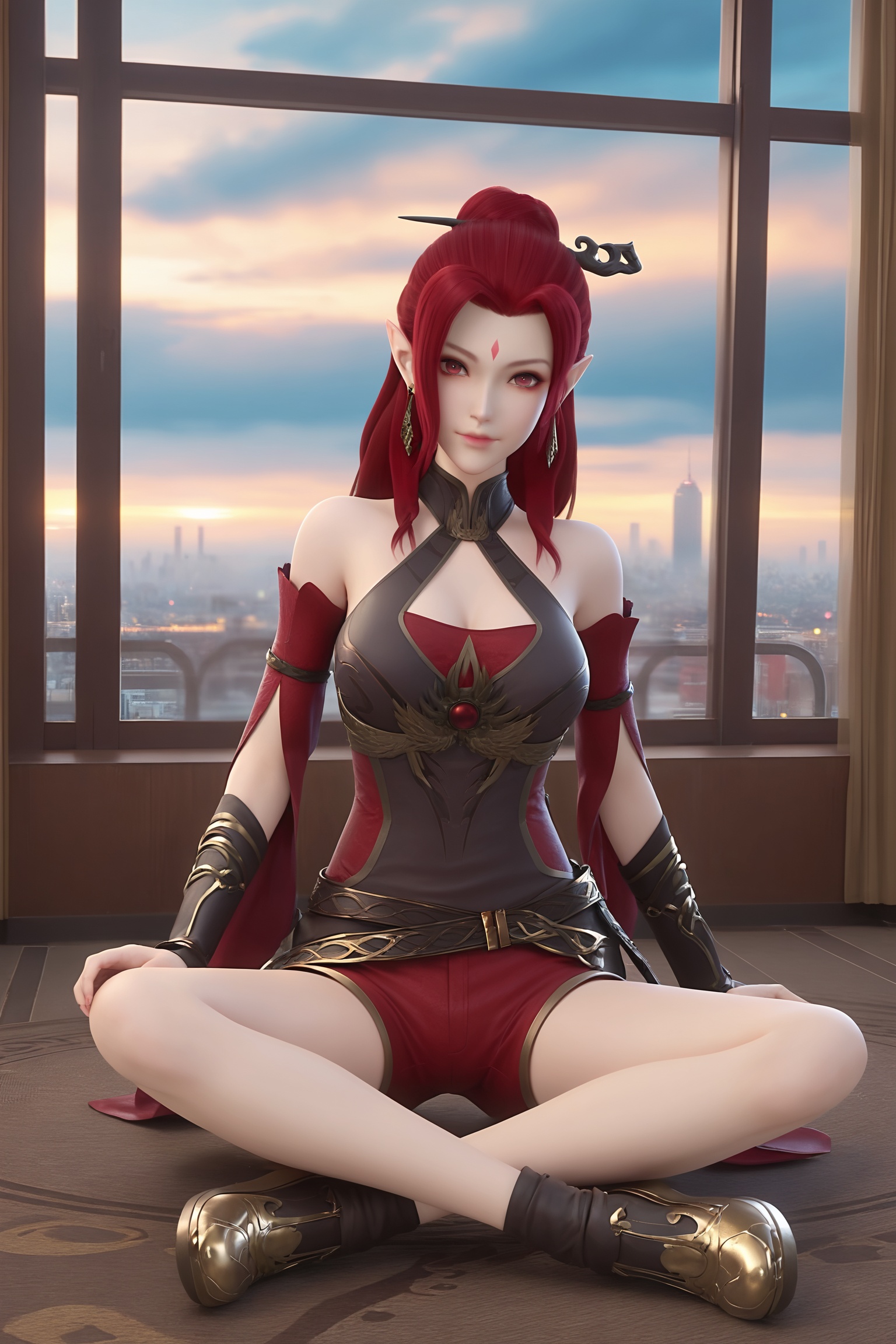 score_9_up,1girl,solo,sitting,window,frills,sky,cloud,indoors,cityscape,closed_mouth,sunset,looking at viewer,<lora:妖神记-花火Pony:0.7>,1girl,red hair,pointy ears,earrings,forehead mark,red eyes,hair ornament,dress,belt,clothing cutout,red shorts,black and golden shoes,