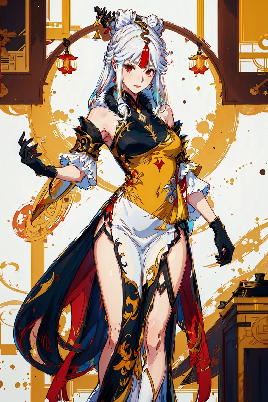 1girl,ningguang,(genshin impact),solo,hair ornament,full body,red eyes,elbow gloves,white hair,looking at viewer,chinese clothes,smile,china dress,black gloves,very long hair,hairpin,white dress,detached sleeves,bare shoulders,sidelocks,parted bangs,claw ring,frills,fur collar,thighs,red eyes,parted bangs,ningguang,<lora:NingGuang:1>,