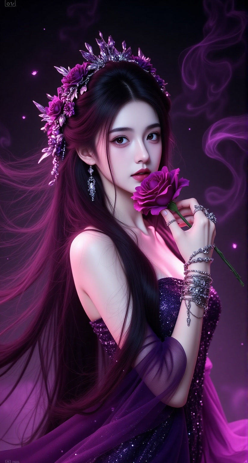 Purple Fairy,beauty,This is a highly detailed digital painting depicting a young woman with an otherworldly and fantastical aesthetic inspiration. She has long, flowing black hair adorned with an elaborate floral headdress and shimmering purple accessories. Her large, expressive eyes are framed by thick, dark lashes, and her skin is fair. She wears a strapless, form-fitting deep purple dress that sparkles with tiny glimmers of light. The dress features a ruffled chiffon skirt that adds a delicate, airy texture to her outfit.Her right hand is adorned with multiple rings and bracelets, some embellished with sparkling gemstones. She holds a large, deep purple rose close to her face with a look of longing. The background is a dark smoky purple, creating a mysterious, otherworldly atmosphere. Purple glows emanate around her, adding to the magical ambiance. The overall style of the painting is highly meticulous, focusing on textures, lighting, and shadows, giving it a realistic yet fantastical appearance.
