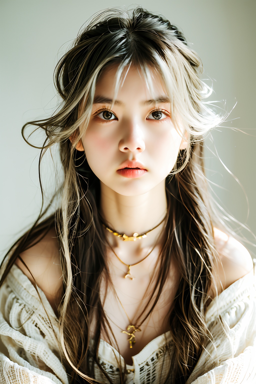 1girl,solo,long hair,necklace,white hair,hairband,looking at viewer,jewelry,realistic,upper body,lips,grey background,bangs,simple background,blonde hair,brown eyes,