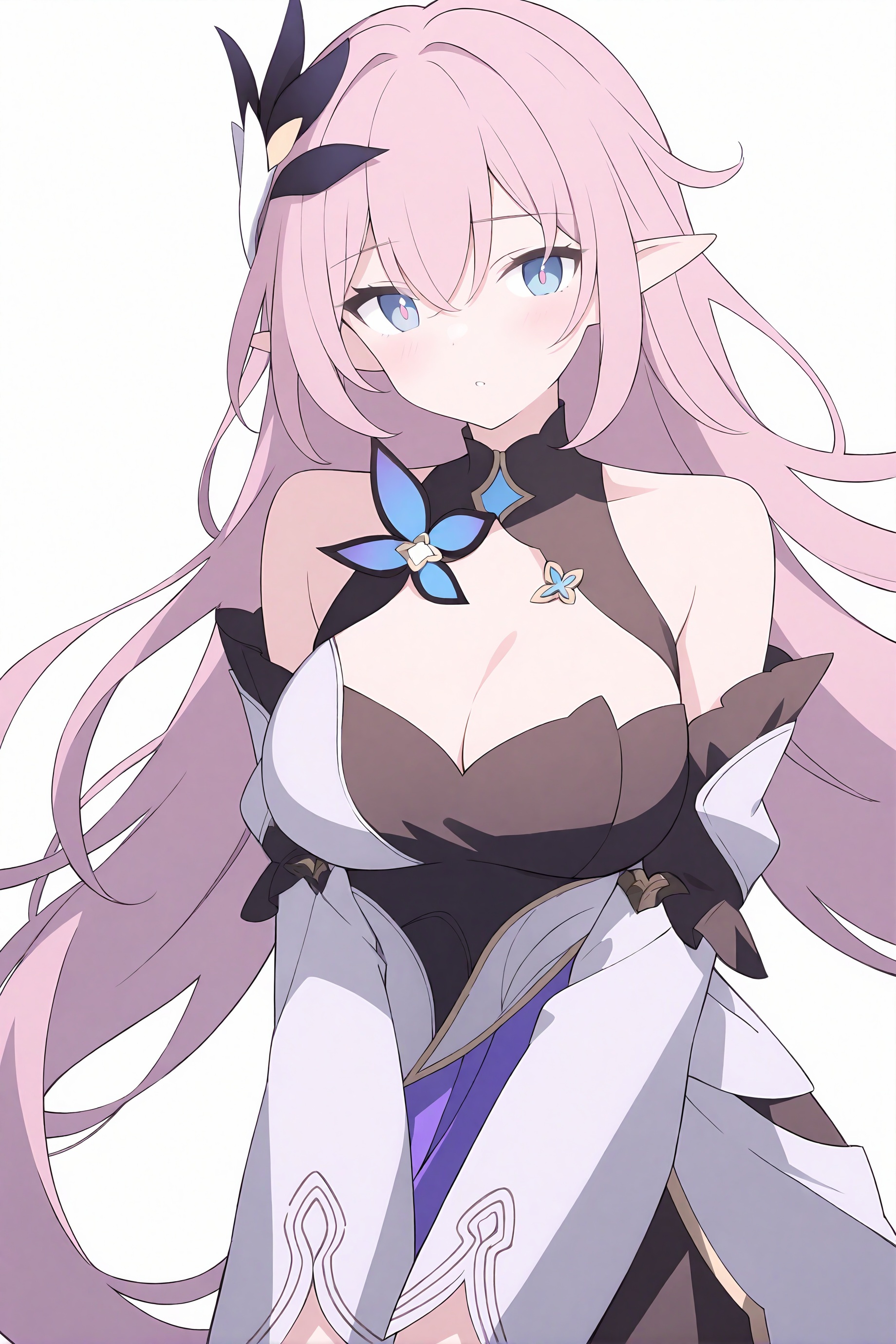 Simple Flat Coloring,Simple Flat Coloring,sketch,line,simple background,white background,(elysia \(honkai impact\):0.5),honkai \(series\),1girl,blue eyes,hair between eyes,pink eyes,pink hair,very long hair,long hair,hair ornament,large breasts,cleavage,bare shoulders,elf,Faux fur-trimmed quilted parka in a chic and feminine blush pink color,