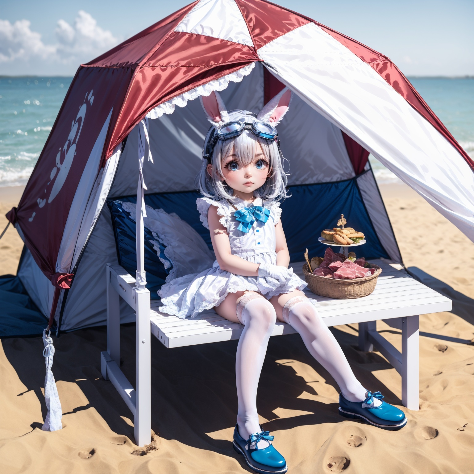 tutututu,1girl,solo,wrist cuffs,rabbit ears,white dress,white gloves,blue footwear,goggles on head,sleeveless dress,bangs,blue bow,white hair,short hair,white thighhighs,<lora:lihaigeQ-000006:0.9>,sunny,To play by the sea,Bathing on the beach,Camping,picnicking,feeling the wind.In Hainan,you can Set up tables and chairs,put up a canopy,have wine and meat listen to the wind sleep. At this time mood at this time day,light master,(maomika:1.2),(cat:1.2),watercolor \(medium\),