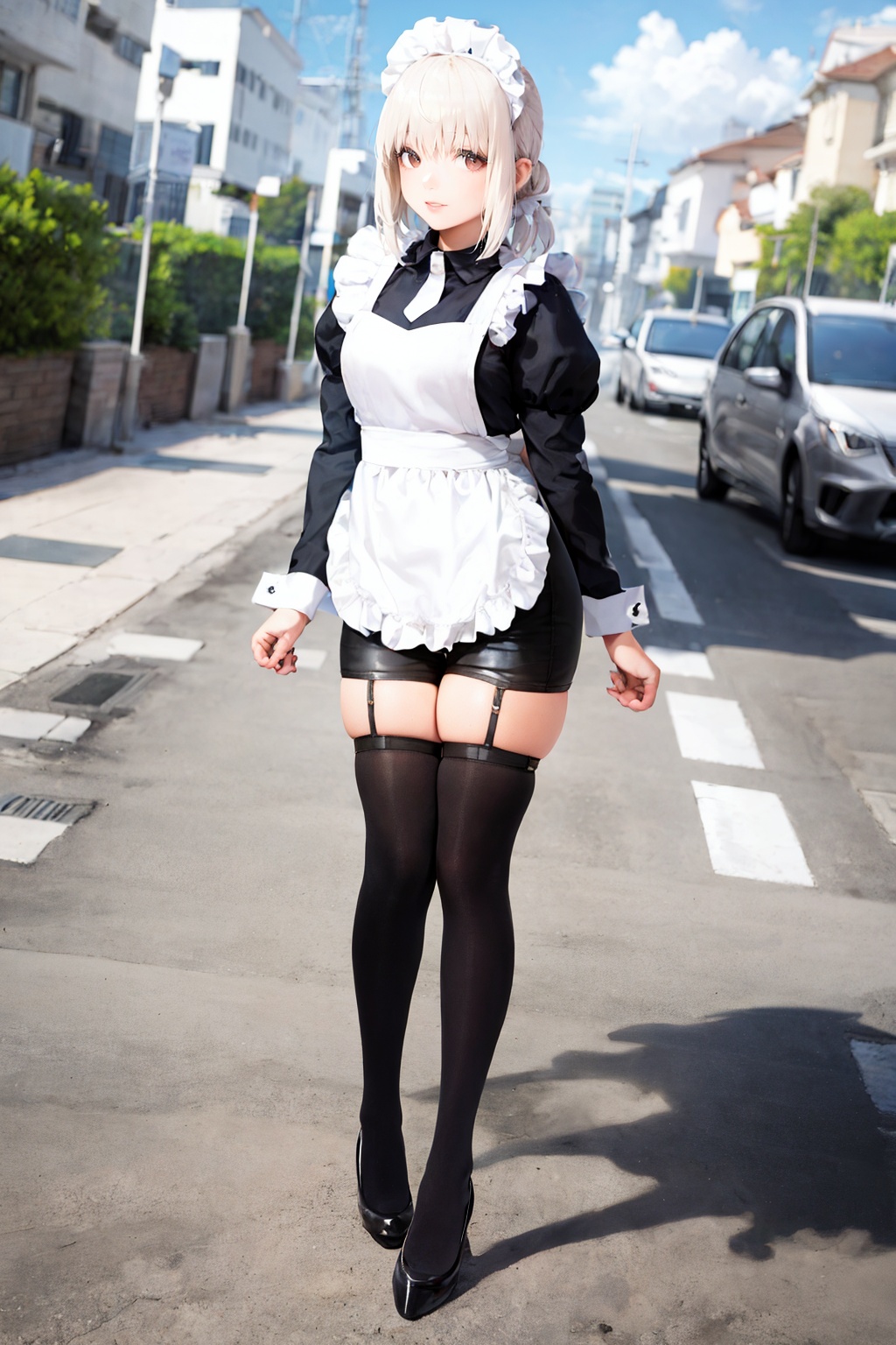 tutututu,apron,long sleeves,maid,maid apron,puffy sleeves,maid headdress,black shorts,black thighhighs,<lora:tutututu_20240129122144-000004:0.8>,masterpiece,best quality,realistic,1girl,solo,(full body),standing,high heels,long hair,looking at viewer,city,streets,outdoor,outside,outdoors,During the day,by the sea,with bright sunshine,coconut trees,skyscrapers,beaches,stones,light houses,cloudy weather,