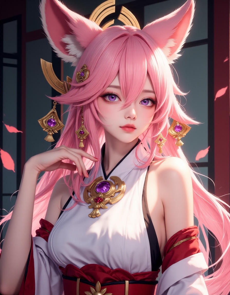 FluxYaeMiko,  A stunning pink-haired girl with fox ears and ornate accessories,  exuding an aura of elegance and mystery....