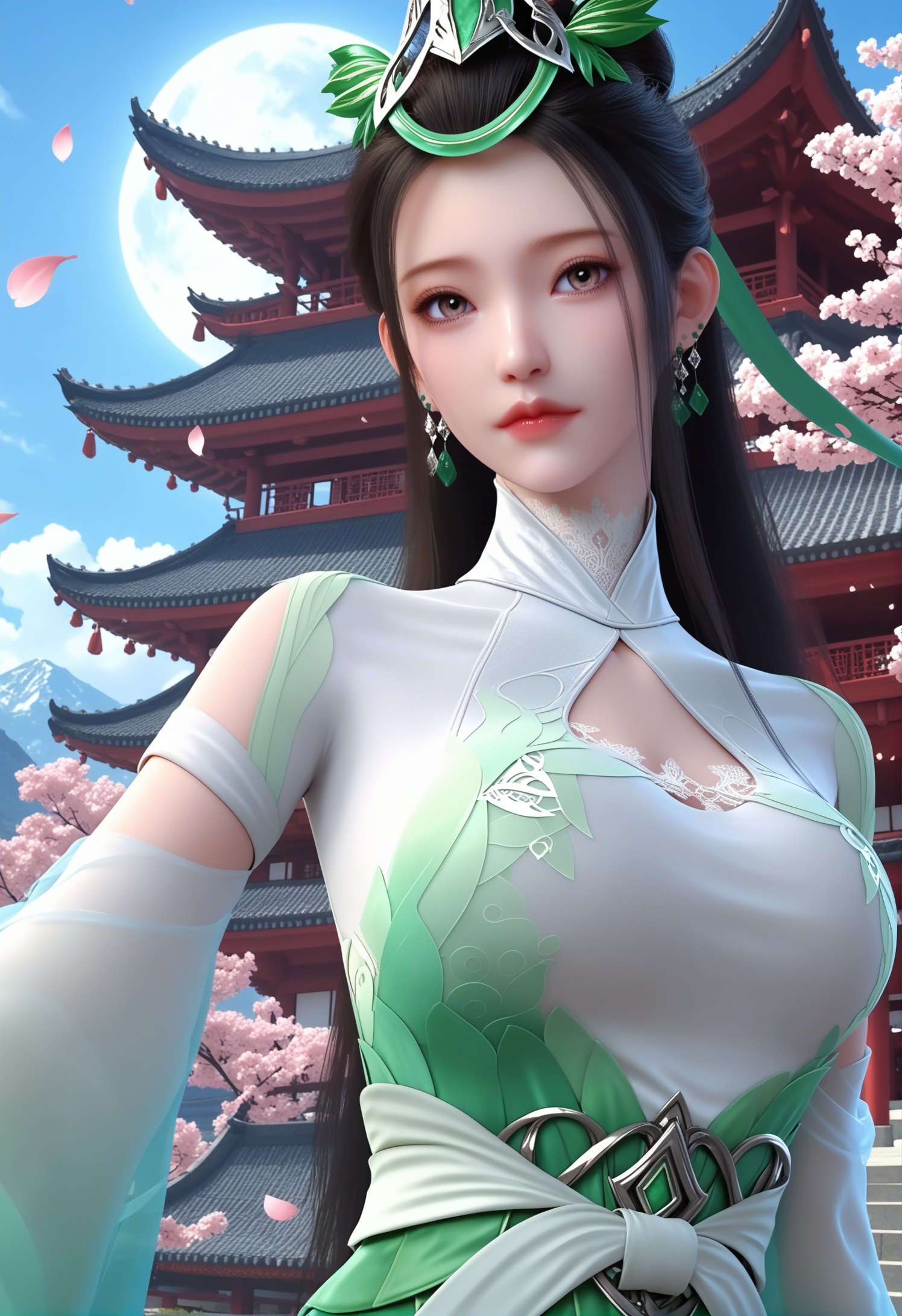score_9,score_8_up,score_7_up,1girl,solo,realistic,(upper_body:1.4),looking at viewer,(pale_skin:1.6),(fair_skin:1.2),shiny_skin,(slender face:1.4),(mature face:1.1),medium breasts,1girl,solo,posing,dancing,chinese clothes,photorealistic,anti-light underwear,china dress,dress,long_skirt,green dress,detached sleeves,cleavage cutout,green footwear,ribbon,realistic,jewelry,headdress,green ribbon,hair ornament,green gemstone,earrings,1girl,solo,brown eyes,long hair,black hair,closed mouth,<lora:皮肤凹痕:0.3>,<lora:小巳-陆嫁嫁:0.85>,architecture,cloud,east asian architecture,moon,cherry blossoms,sky,bird,tree,water,outdoors,pagoda,mountain,petals,full moon,cloudy sky,powder background,