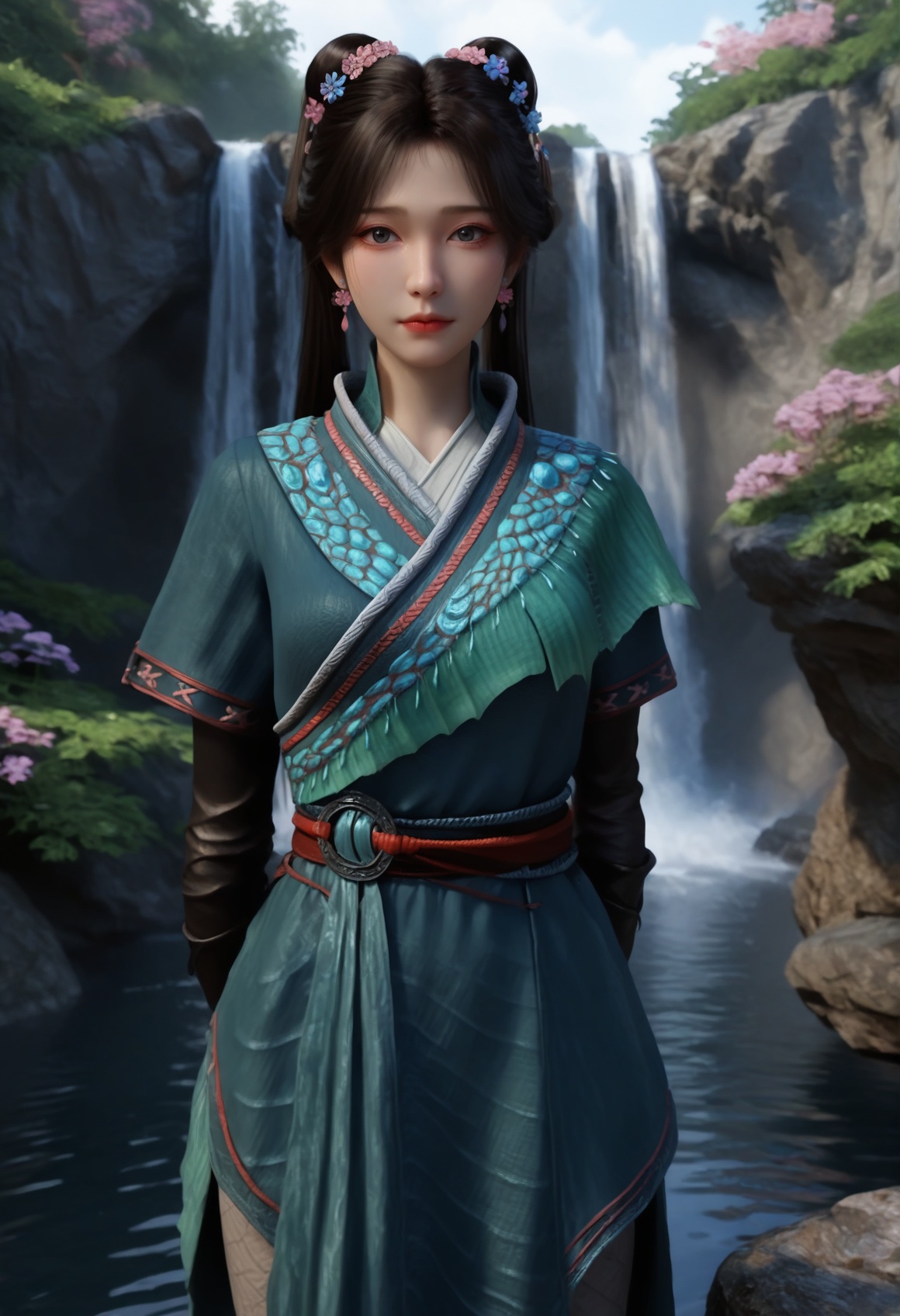 (score_9),realistic,<lora:梅凝双马尾-Apony:0.85>,meining,1girl,solo,long hair,black hair,twintails,flower earrings,hair flower,<lora:perfect-eyes:0.8>,grey_iris,(black eyes),front view,looking at viewer,high collar,chinese clothes,belt,elbow gloves only,bare hand,(mature:1.1),((arms_behind_back)),<lora:e色温:0.5>,<lora:e肤色滑块:0.5>,outdoors,waterfall,light rays,light particles,softened light,simple background,<lora:皮肤凹痕:1.2>,<lora:detailed_notrigger:1.5>,<lora:SkinRealityOrg_ponyv6_loraplus:0.35>,real skin,