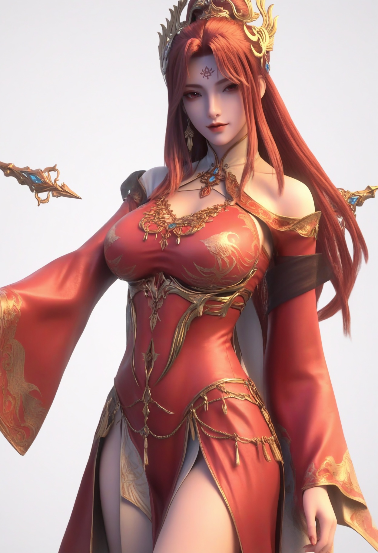score_9,<lora:SF_FeiYueNvDi_Pony_Realism2.3-000003:0.7>,1girl,solo,red dress,bangs,jewelry,facial mark,forehead mark,red hair,large breasts,standing,tassel,long hair,fair_skin,white_skin,Ivory_skin,looking at viewer,white background,