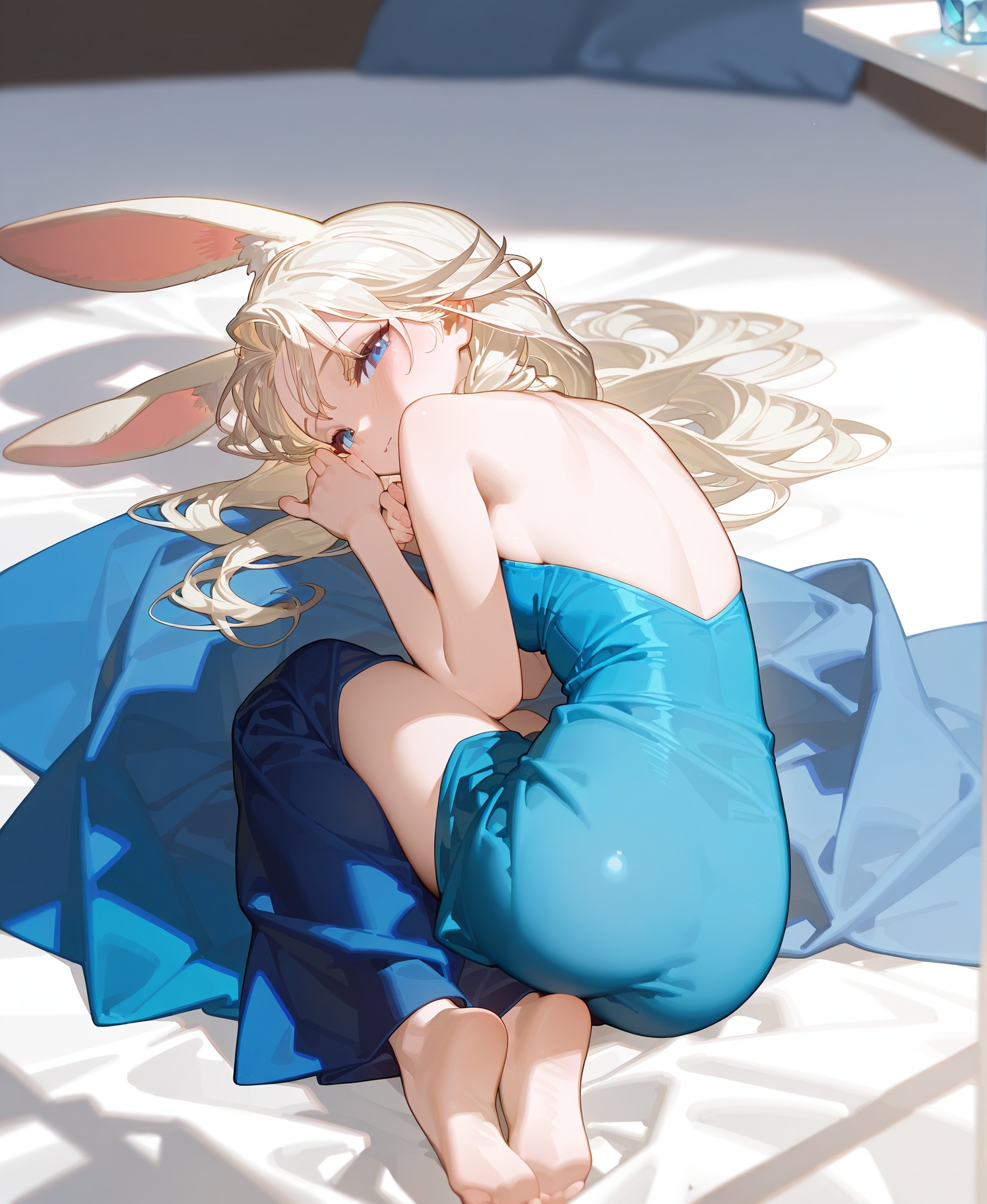 rabbit girl,rabbit ears,1girl,elsa \(frozen\),back,lying,full body,anime,, masterpiece,best quality,amazing quality,very aesthetic,high resolution,ultra-detailed,absurdres,scenery,depth of field,BREAK hands,fingers,finger nails,(detailed eyes, detailed skin, detailed hair:1.2),photorealistic,masterpiece,best quality,amazing quality,very aesthetic,high resolution,ultra-detailed,absurdres,newest,scenery,(artist:ningen_mame),artist:ciloranko,(artist:sho_(sho_lwlw)),((tianliang duohe fangdongye)),((artist:rhasta)),(nyalia)