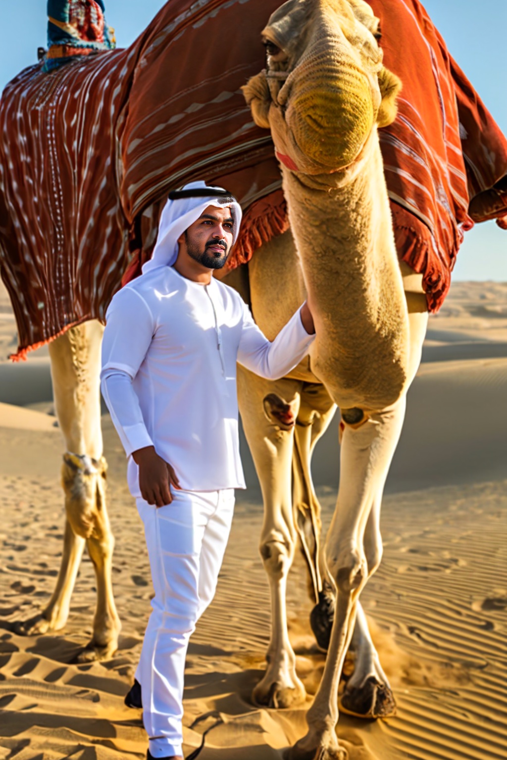 1boy, animal, arabcamel, camel, desert, facial hair, hood, looking at viewer, male focus, outdoors, realistic, white pants, white shirt, <lora:SD1.5_ARABCamel.1.0:0.7>