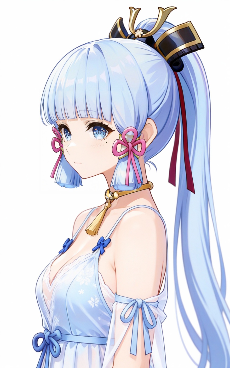 depth of field,masterpiece,best quality,very aesthetic,alternate costume,alternate costume,2024,2023,perfect composition,ultra-detailed,extreme aesthetic,masterpiece,best quality,good quality,newest,year 2024,year 2023,very aesthetic,absurdres,looking_at_viewer,colorful,white_background,simple background,upper_body,see-through,dress,<lora:神里凌华·衣服百搭款ILL:0.8>,kamisato ayaka,light bule hair,long hair,blue eyes,high ponytail,hair_ornament,hair ribbon,mole under eye,blunt bangs,