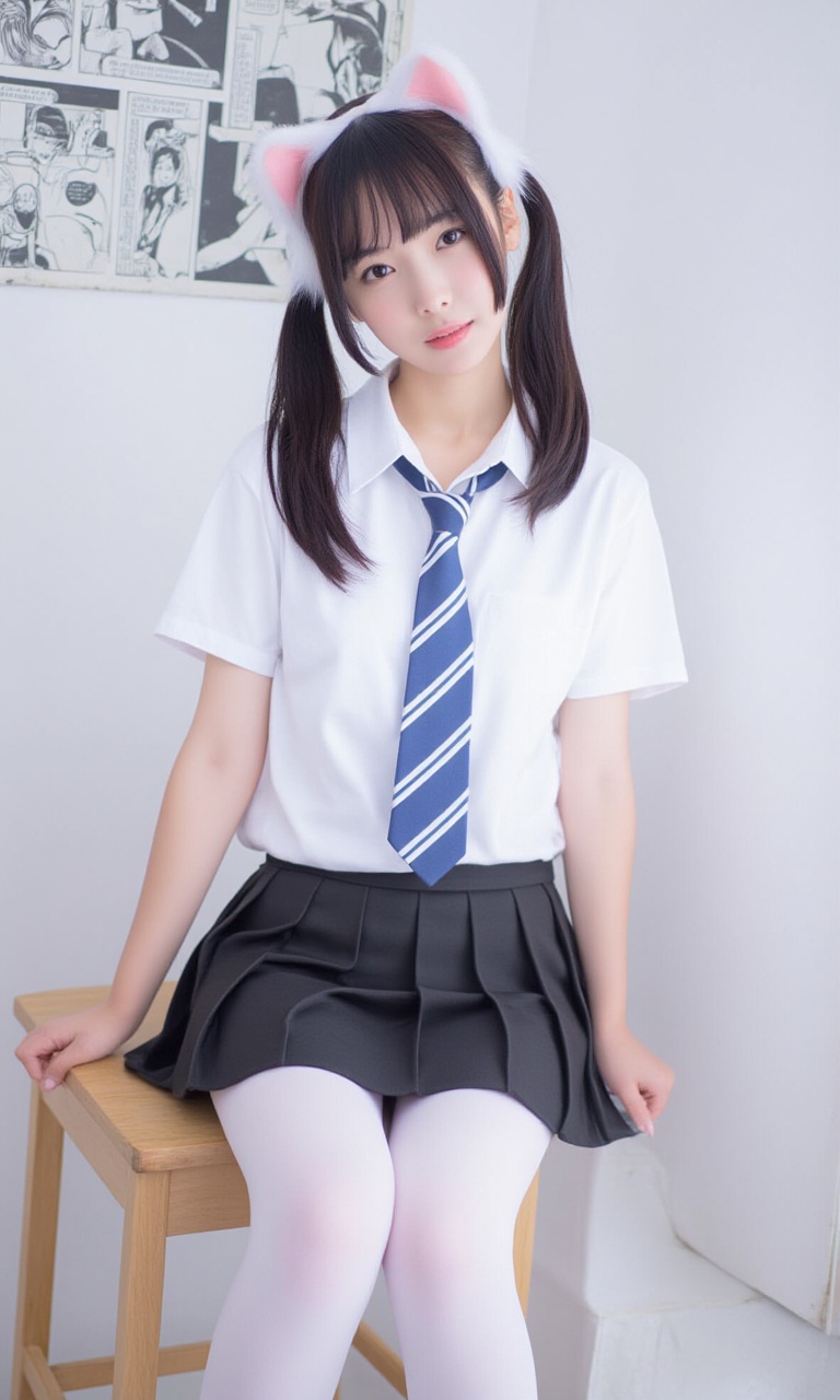 This is a clear mobile selfie photo with a daily style. In the picture, there is a woman wearing a white short-sleeved shirt and a black pleated skirt, with a blue and white striped tie. She has long black hair, sitting on a wooden chair with her hands resting on her knees, facing the camera, and her eyes are looking at the camera. She appears to be around 20 years old, slim, and her expression is calm. Her outfit consists of a white short-sleeved shirt, a blue and white striped tie, and a black pleated skirt. Her hair is flowing freely without bangs. The background is a white wall, hanging some black and white comics.White stockings, white pantyhose,,<lora:flux-test-loka12G:1>，