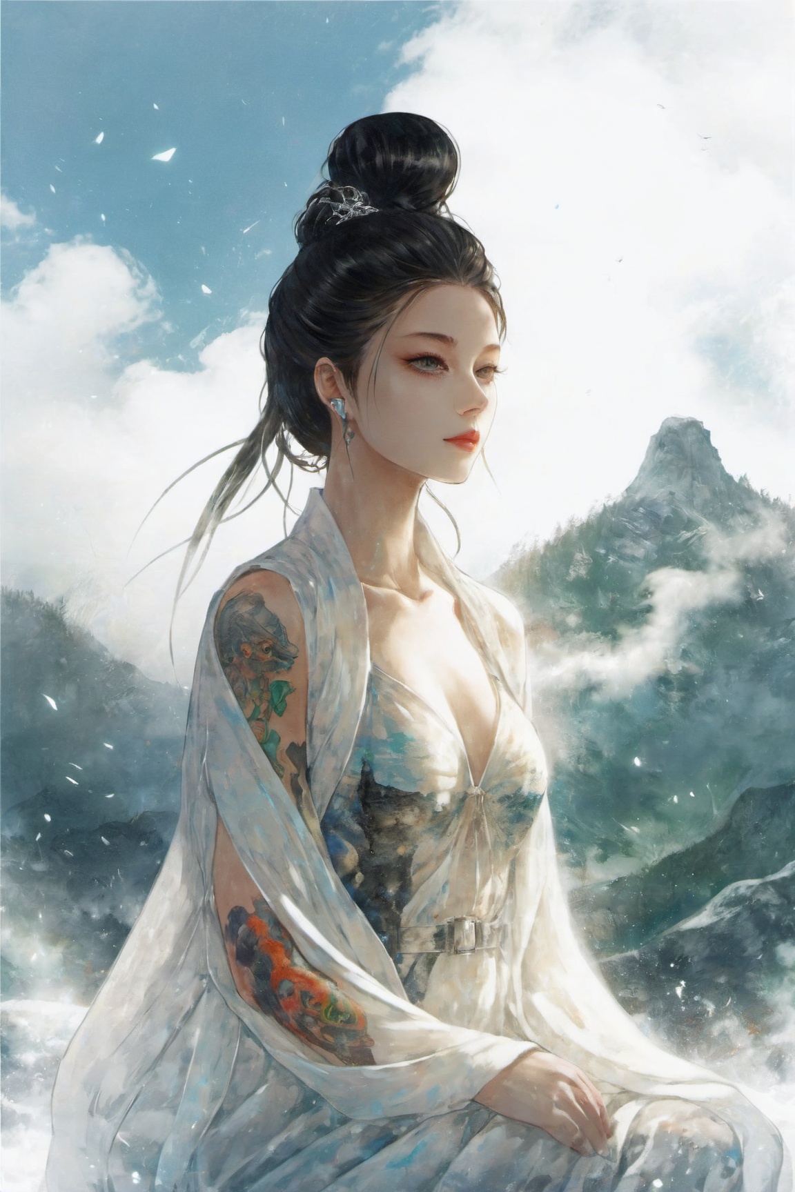 (best quality),((masterpiece)),ketch,minimalism,clear lines,(double exposure:1.4),delicate ornament,(upper thighs shot:1.3),full body shot,low angle shooting,(tattoo:1.3),Tyndall effect,soft focus,4k,hdr,[hdr:0.9],Acid Graphics,lushan mountain,mountain 1girl,fantasy artwork,[detailed Vibrant face:0.33],[coat dress:0.15],[K-pop:0.417],[Upturned buttocks:0.4],masterpiece,(trash-polka tattoos:1.4),(translucent luminous body:1.2),A minimalist design,of a silhouette outline and a beautiful woman and a glowing,shadow world,intricate artwork Masterpiece,((white background1.5)),mineral color painting,<lora:yancai-000012:0.8>,
