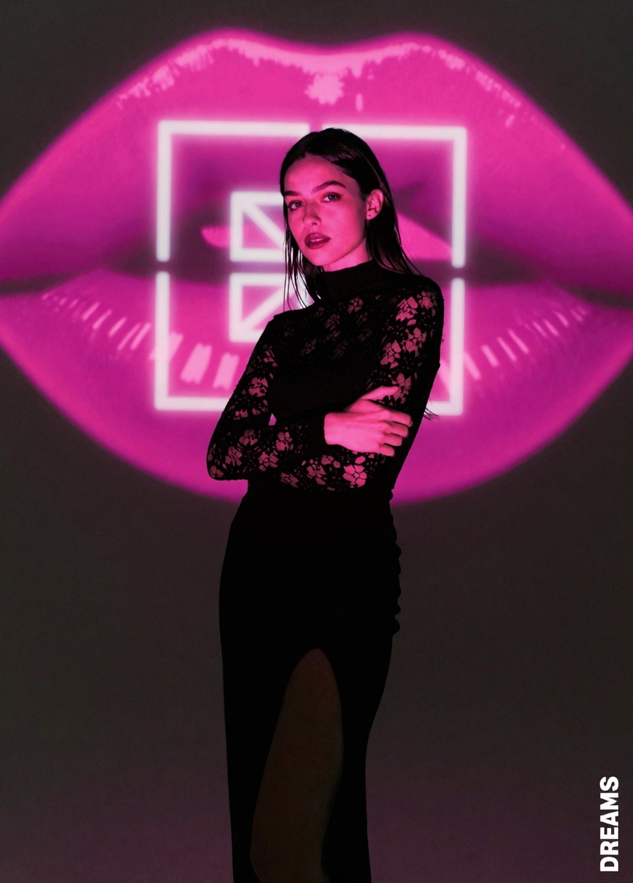 This photograph features a young woman standing against a dark background with a large,  illuminated projection of a glowi...