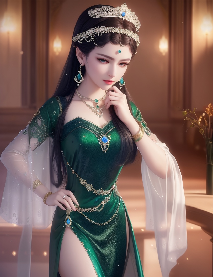 ultra realistic 8k cg, picture-perfect face, flawless, clean, masterpiece, professional artwork, famous artwork, cinematic lighting, cinematic bloom, perfect face, beautiful face, fantasy, dreamlike, unreal, science fiction,  beautiful clothes, lace, lace trim, lace-trimmed legwear,  (rich:1.4), prestige, luxury, jewelry, diamond, gold, pearl, gem, sapphire, ruby, emerald, intricate detail, delicate pattern, charming, alluring, seductive, erotic, enchanting, hair ornament, necklace, earrings, bracelet, armlet,halo((,1girl, pov,))(((,  1girl,  solo,looking at viewer, ))),(((1girl, solo, dress, jewelry)))<lora:DA_WhiteSnakeGreenSnake:0.7>