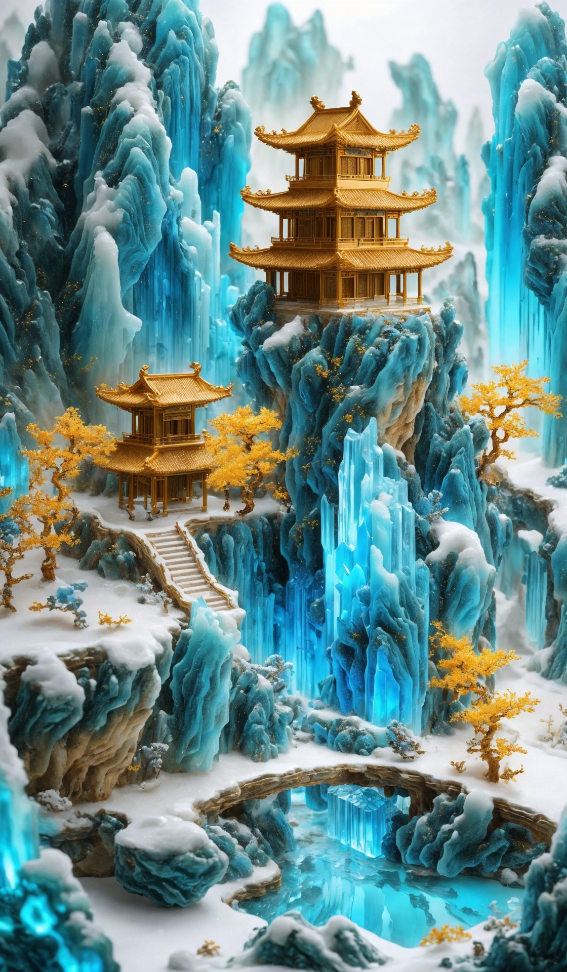 Miniature landscape, (bird's eye view: 1.2), Chinese Tang Dynasty landscape painting, Zen aesthetics, Zen composition, Chinese architectural complex, transparent quartz crystal, X-ray crystallography, colored glaze, snow, luminescence, cyan light, ice silk fiber, macro lens, rich light, luminous mountains, mountains, clouds, depth of field, extreme details, incomparable details, film special effects, lifelike, 3D rendering, fine details