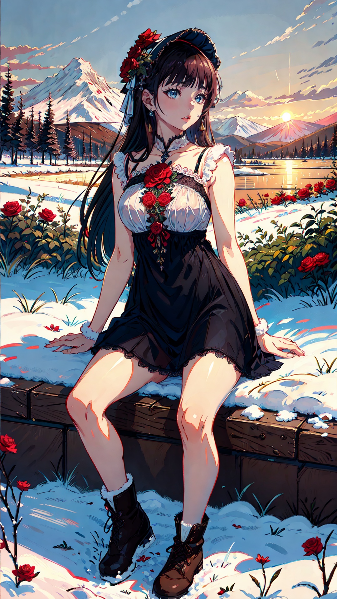 tutututu, breasts, medium breasts, see-through, underwear, lingerie, skirt,masterpiece, best quality, winter, snow field, 1girl, bangs, blue eyes, blunt bangs, bonnet, brown footwear, brown hair, fruit, full body,long hair, looking at viewer, red flower, red rose, rose, , sitting, solo, sky, sun, mountain, forest, lake, <lora:tutucs_v1:0.85>