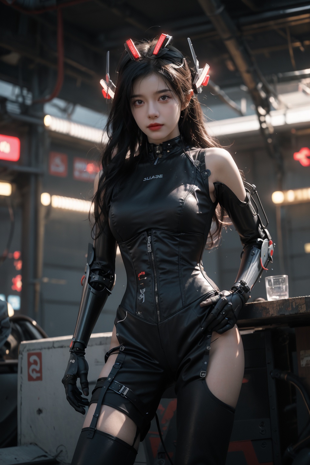 mecha,intricate mechanical bodysuit,mecha corset,mechanical parts,robotic arms and legs,headgear,caustics,reflection,ray tracing,demontheme,cyber effect,cyberpunk,science fiction