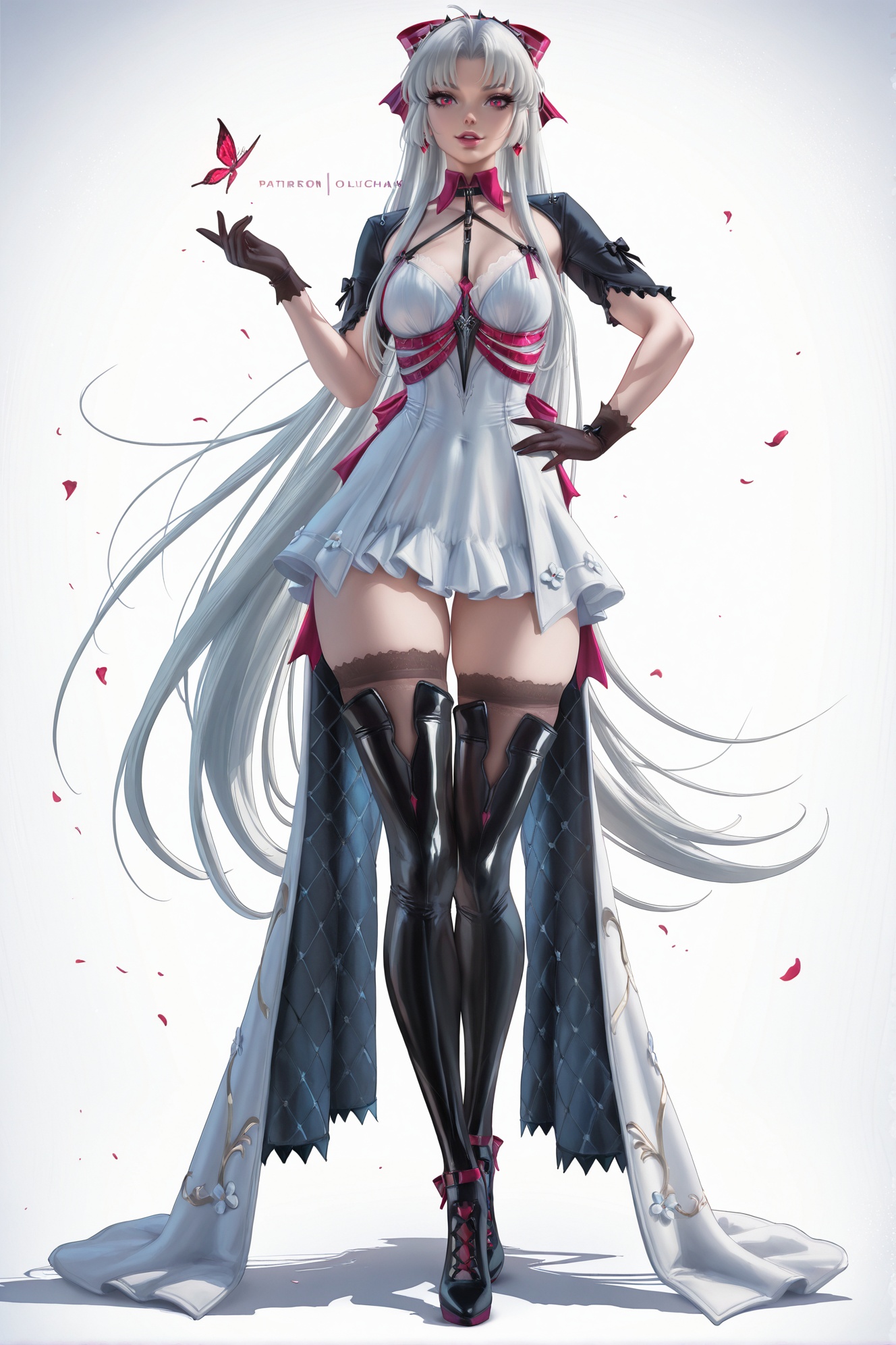 8k,best quality,masterpiece,(ultra-detailed),(high detailed skin),masterpiece,best quality,artist:zd_1995,artist:OlchaS,artist:sakimichan,sakimichan \(style\),jijia,2d,ambient light,full body,full shot,standing,looking at viewer,(solo:1.2),simple background,(white background:1.2),hand on own hip,(white background:1.1),<lora:Carlotta-ill-Tanger:0.8>,Carlotta,Carlotta def white dress,1girl,thighhighs,long silver hair,black footwear,black gloves,