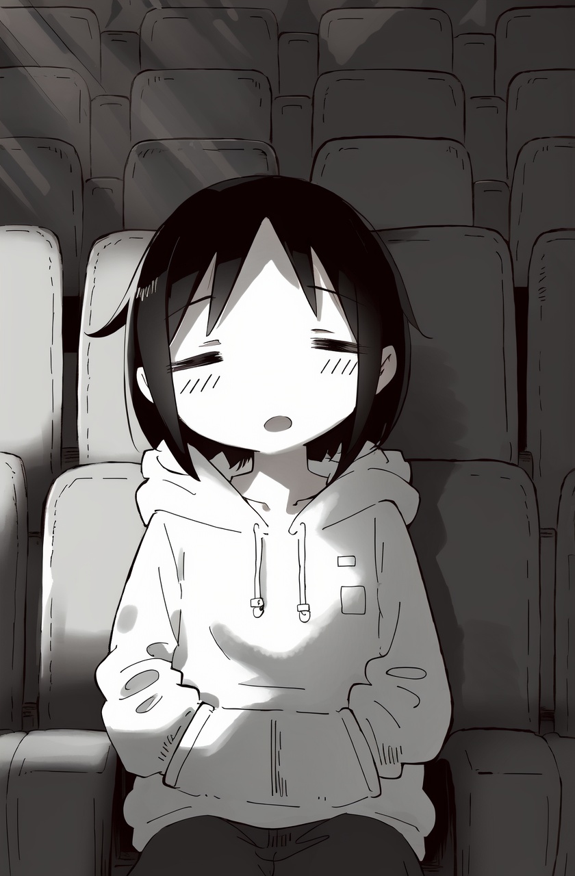 masterpiece,best quality,absurdres,1girl,monochrome,greyscale,sitting,black hair,hoodie,closed eyes,Cinema,seat,light rays,dark,sleeping,open mouth,upper body,