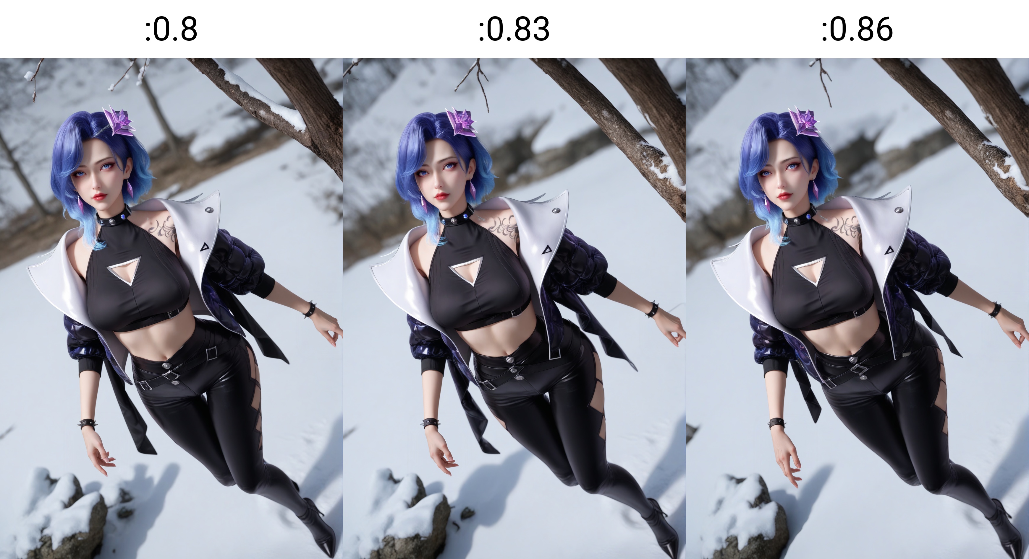 (score_9),<lora:想入菲菲-apony:0.8>,xrff,solo,1girl,blue hair,hair ornament,jewelry,earrings,<lora:Expressive_H-000001:0.82>,light blush,blue eyes,looking at viewer,front view,belt collar,gem,shoulder tattoo,open jacket,crop top,black_crop top,clothing cutout,cleavage cutout,spiked bracelet,belt,tight pants,black_tight pants,high heels, spoken heart,dutch angle,dynamic_angle,(mature_female:1.2),collarbone,pointy breasts,puffy breasts,(large teardrop breasts),<lora:e肤色滑块:0.5>,fair_skin,(pale_skin),(white_skin),<lora:e色温:0.35>,light skin,ultra-detailed skin texture,detailed textures,<lora:皮肤凹痕:1.2>,BREAKsimple background,in snow,Tyndall effect,available light,depth of field,tree,snowflakes,branch,twig,Tyndall effect,available light,depth of field,rock,4K ultra HD,sharp focus,high detail,natural lighting,high contrast,