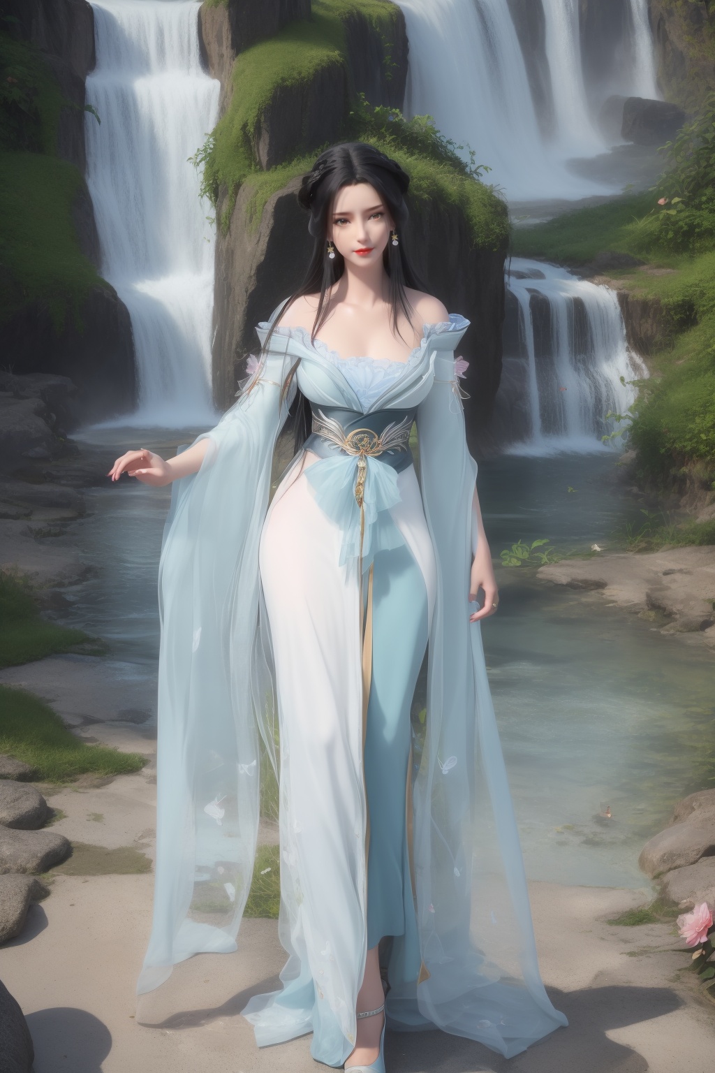 ultra realistic 8k cg,flawless,clean,masterpiece,professional artwork,famous artwork,perfect face,beautiful face,best quality,full_shot,absurdres,1girl,solo,hanfu,dress,standing,bare shoulders,facial mark,forehead mark,hair bun,hair rings,chinese clothes,sparkle,torogao,smile,makeup,red lips,breasts,large breasts,jewelry,earrings,hair ornament,(outdoors:1.4),water,waterfall,butterfly,flower,long hair,realistic,looking at viewer,high heels,<lora:shenfengJ_20240105120823-000004:0.7>,