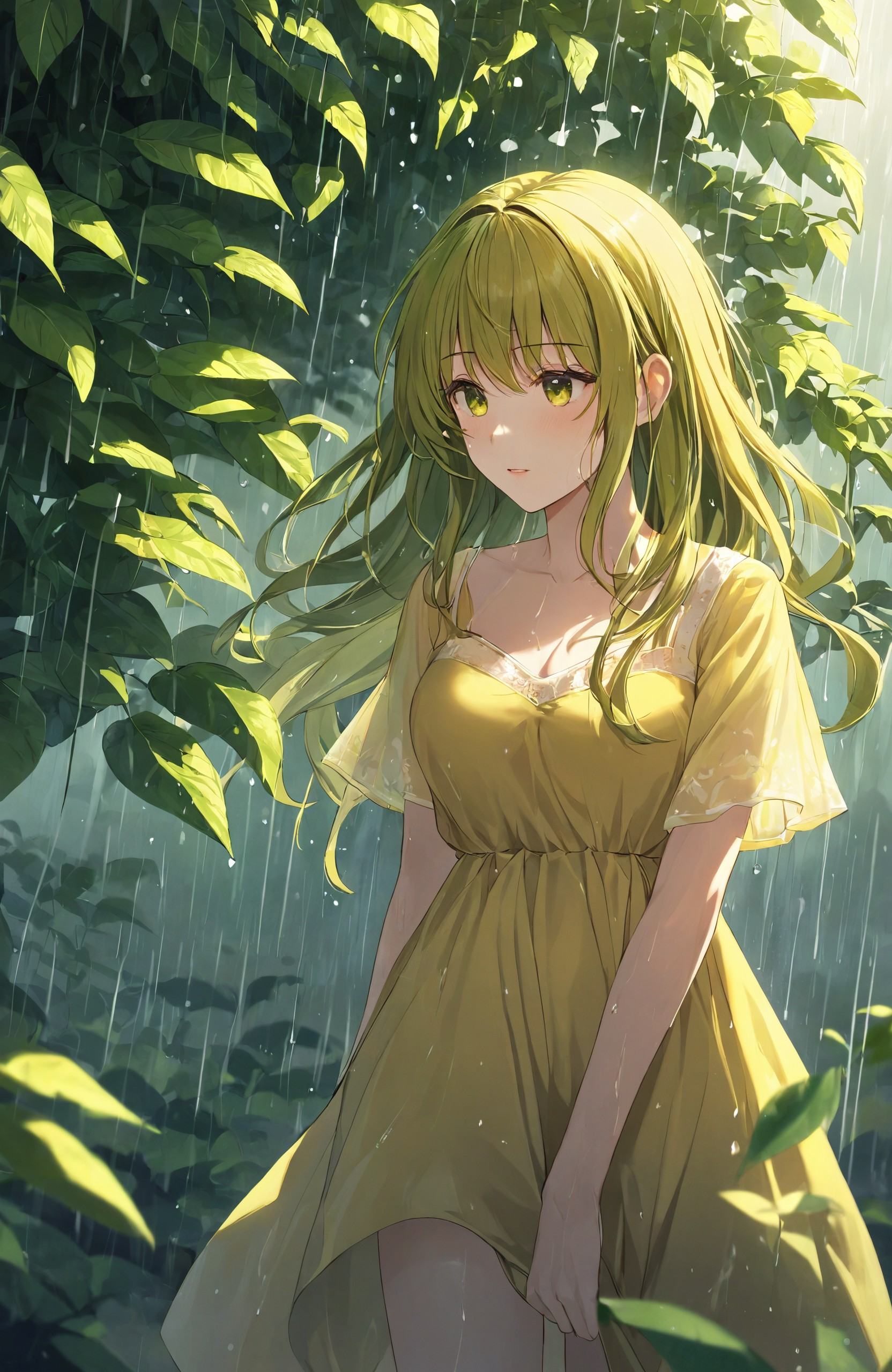 A girl in a yellow dress stands under a canopy of lush green leaves, her hair blowing gently in the wind. The scene is set against a backdrop of a summer rain shower, with the sun peeking through the clouds, creating a nostalgic, almost melancholic atmosphere.
