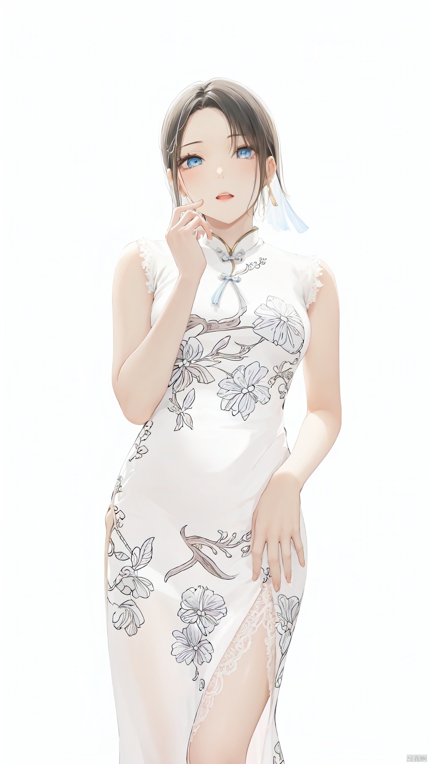 1girl, solo, short hair, black hair, white background, Blue eyes, white dress,chinese clothes, china dress, side slit, Medium breast,Cheongsam,——Clear hand contour,Hand intact,Five fingers of the hand are clear, loli, ((poakl))