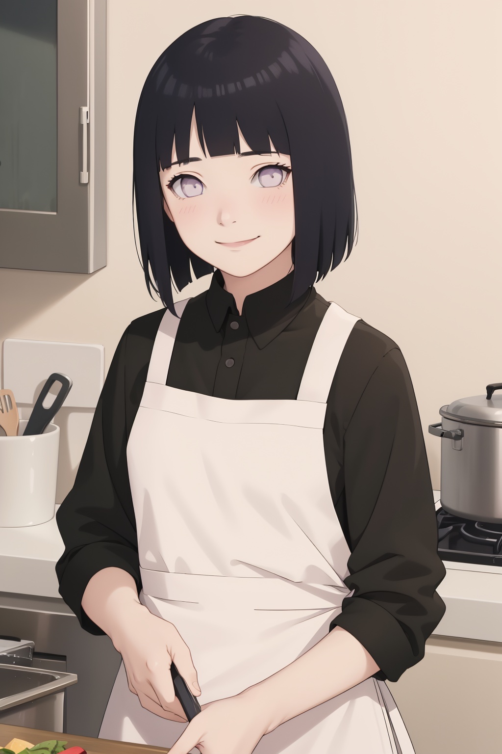 masterpiece, absurdres,hinata\(boruto\), 1girl, solo,blush, black shirt, apron, looking at viewer,kitchen, smile<lora:lbc_Hyūga Hinata_Naruto24324_v1.0:0.8>,