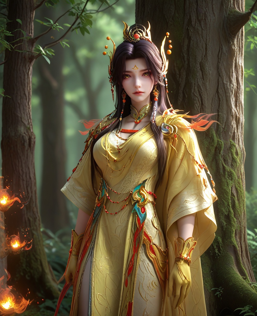 (Leaning against a wall or tree, hands in pockets, with a casual and carefree expression,:1.1),(large breasts:1.2),<lora:XL16云深不知梦羲和众生愿:0.95>,miss xihe,white tiered dress,yellow shawl,yellow eyes,forehead mark,glowing facial mark,black hair,traditional chinese updo with long front strands,absurdly long hair,hair ornament,jewelry,yellow gloves,, score_9,score_8_up,score_7_up,score_6_up,score_5_up,score_4_up,3d rendering,tag1,tag2, Cinematic Lighting,backlighting,