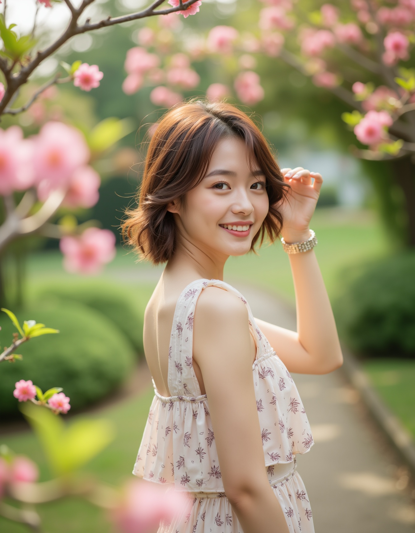 A high-quality photograph of a young woman standing in a vibrant garden,  smiling brightly. She has short,  wavy brown hai...