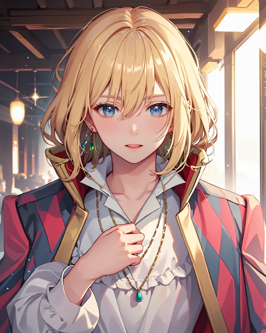 masterpiece,best quality, highly detailed, howl (howl no ugoku shiro), 1boy, solo, male focus, earrings, white shirt, necklace, red cape, looking at viewer, hand up, long sleeves, gem, upper body, frills,<lora:howl_(howl_no_ugoku_shiro):1>