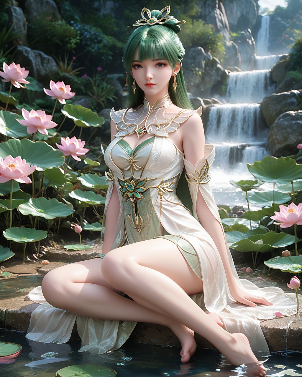 score_9,score_8_up,score_7_up,1girl,long hair,breast,medium breast,earrings,hair_ornament,dress,green hair,thick_thighs,<lora:wy_fuqu_XL7.0:0.8>,barefoot,sitting,pondel,lotus,sitting on the water,skindentation,<lora:细节B:0.5>,