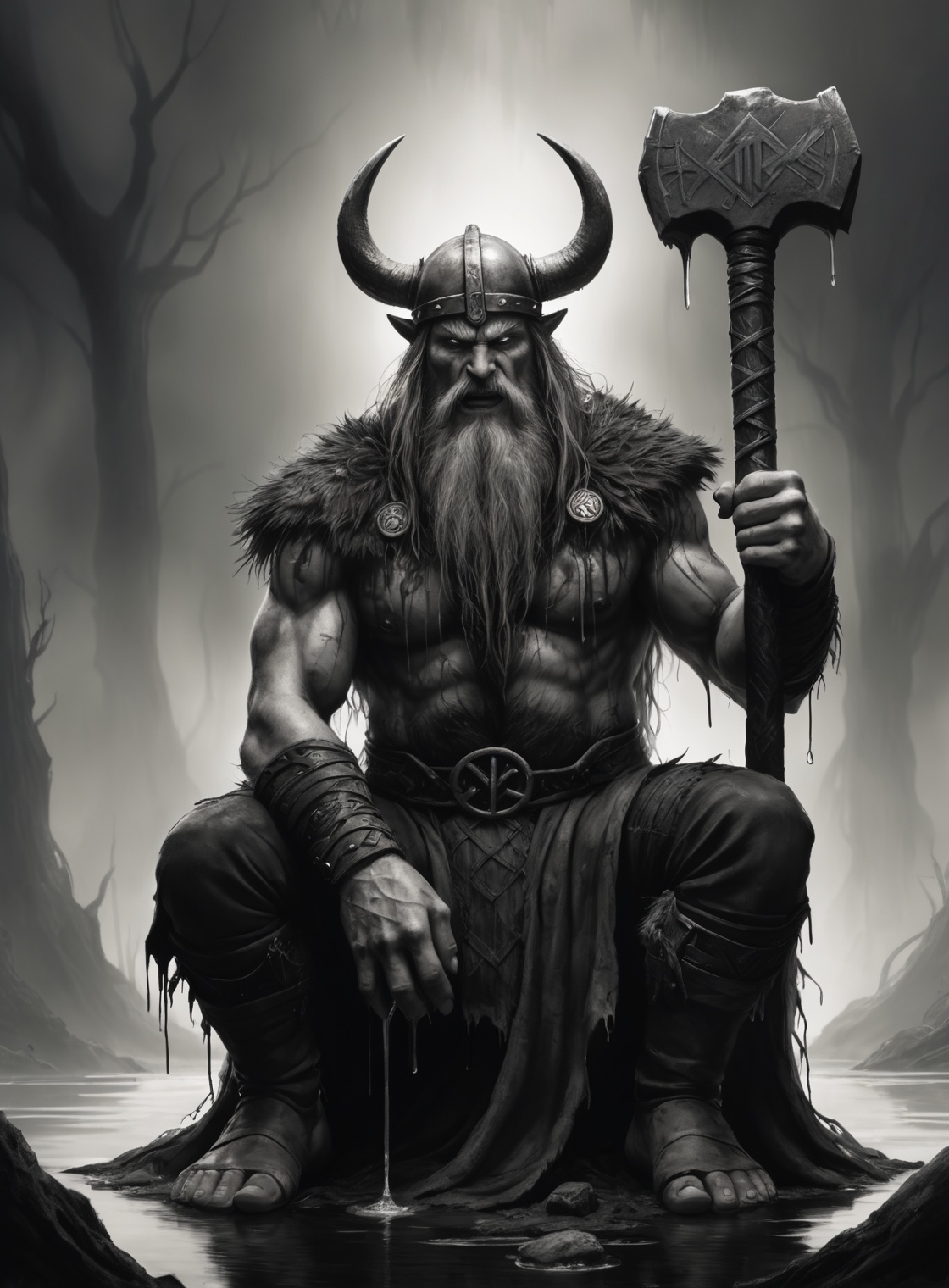 (Closeup an angry viking holding Mjolnir sitting near Yggdrasil epic pose epic light glowing runes),  Style of stephen gam...