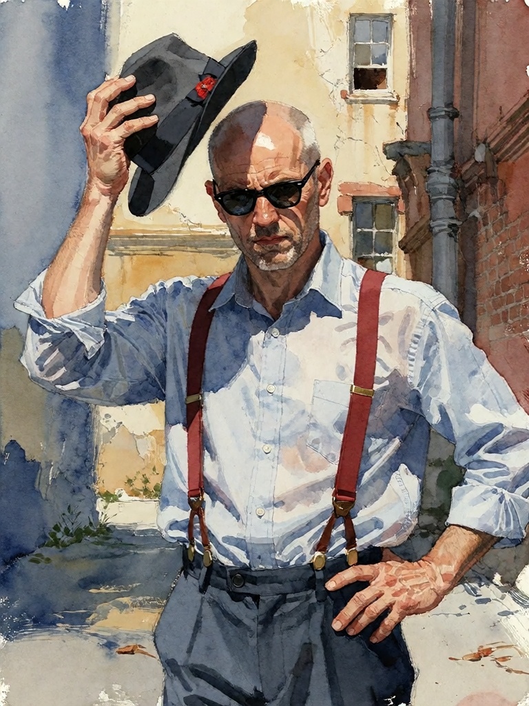Bradhamel art style. A man with a balding head and dark sunglasses,  wearing a light blue button-up shirt,  red suspenders...