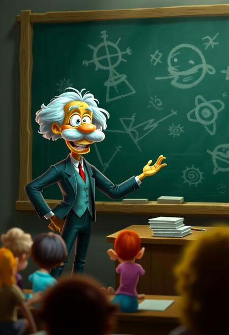 raymanlegends,  Albert Einstein teaching in front of a chalkboard in a classroom full of students. on Tensor.Art