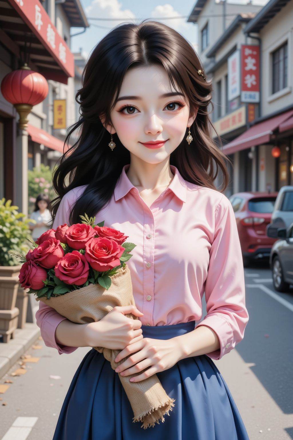 chibi, A photograph of a woman with fair skin and long wavy black hair. She is wearing a pink long-sleeved button-down shirt and blue pleated skirt and full body, She holds a bouquet of vibrant red rose wrapped in a beige burlap cloth with frayed edges. The background in street, The woman's expression is smirk,