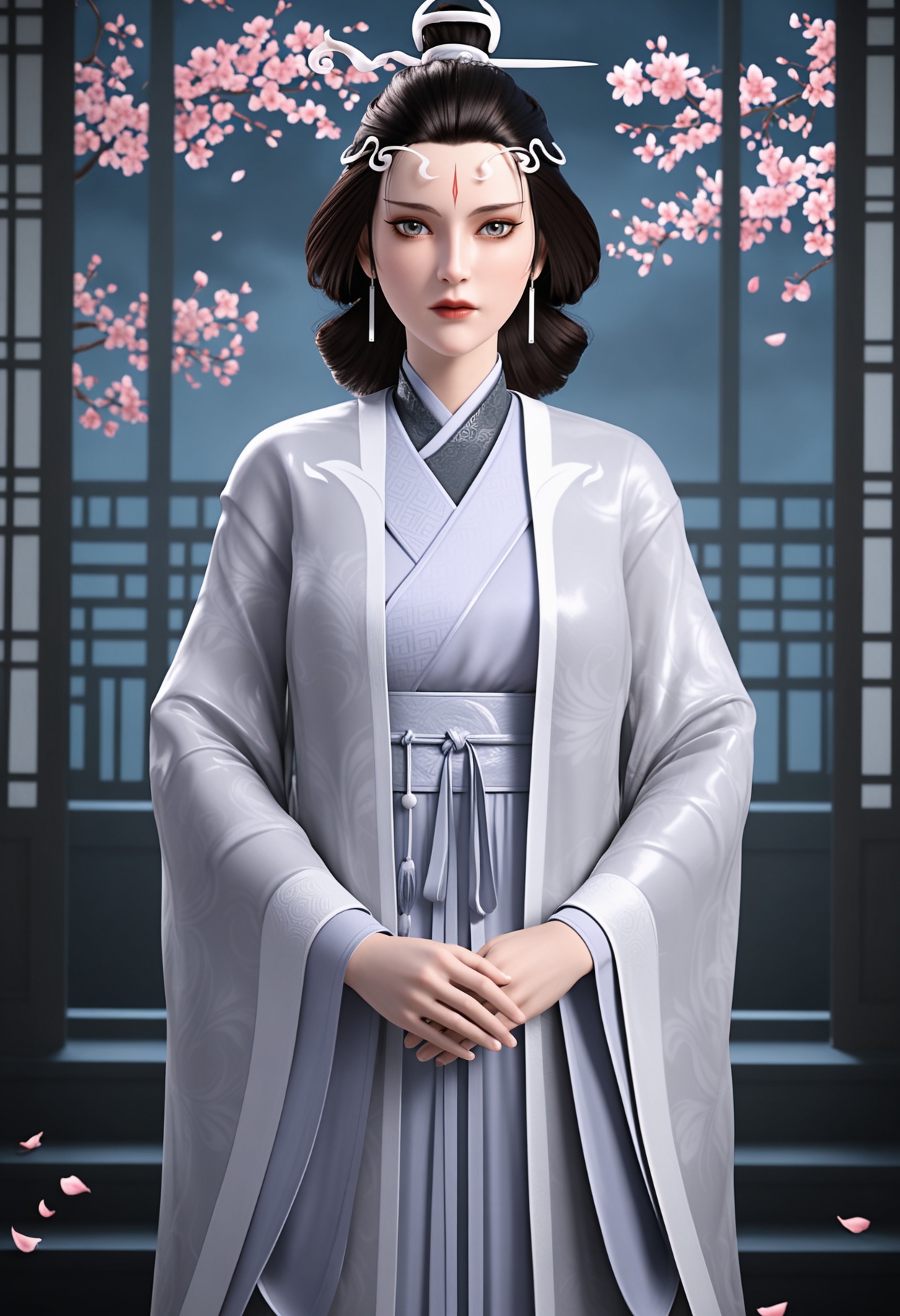 (cowboy shot:1.2),(looking at viewer:1.1),masterpiece,(best quality),smog,Dark room,dim lighting,peach blossom,falling petals,<lora:YQ_Illustrious光辉v5_水月_V1:0.8>,q1528437228,solo,1girl,black hair,jewelry,earrings,chinese clothes,facial mark,hair ornament,forehead mark,hanfu,long sleeves,makeup,wide sleeves,hair bun,hair stick,long hair,red lips,updo,japanese clothes,black eyes,blue eyes,robe,brown eyes,brown hair,kimono,sash,grey eyes,korean clothes,single hair bun,