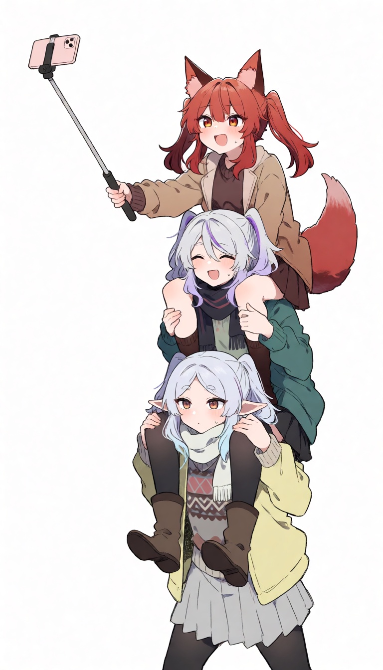 A petite fox girl with medium red hair in two side up style,  yellow eyes,  and red fox ears with white animal ear fluff....