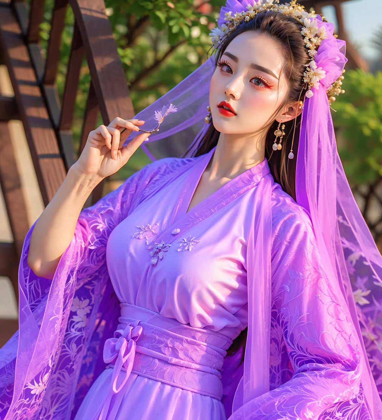 1girl,jewelry,red_lips_,lipstick,applying_makeup,diamond drop earrings,eye makeup,black hair,upper_body,solo,<lora:汉服眼妆1.3:0.5>,plump breasts,(veil:1.2),<lora:汉服交领绝美香槟色1.1:0.8>,purple hanfu,purple,