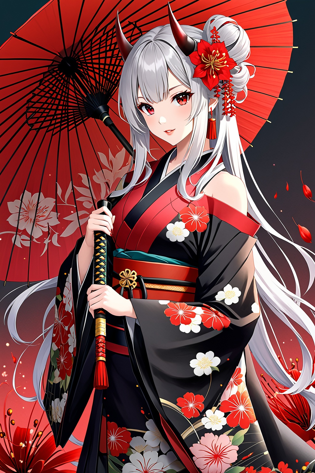1girl, solo, long hair, looking at viewer, bangs, hair ornament, red eyes, long sleeves, holding, weapon, flower, white hair, grey hair, red hair, multicolored hair, frills, parted lips, japanese clothes, horns, sword, virtual youtuber, hair flower, wide sleeves, kimono, off shoulder, hair bun, holding weapon, arm up, streaked hair, sash, bell, gradient hair, umbrella, holding sword, obi, floral print, katana, frilled sleeves, red flower, sheath, tassel, oni horns, oni, holding umbrella, oil-paper umbrella, black kimono, spider lily, nakiri ayame