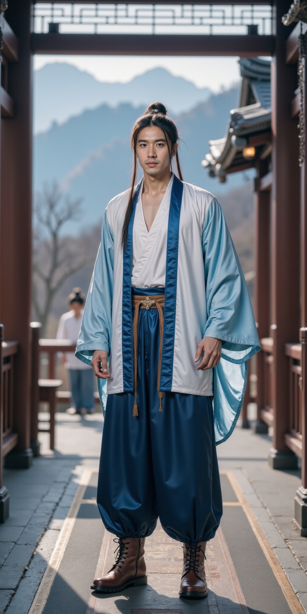 HDR photo of cinematic film still <lora:20250110_AgainCharacters_Flux:1>, 1boy, solo, male focus, realistic, looking at viewer, long hair, black hair, hair ornament, hair bun, (full body:1.5), closed mouth, white and blue chinese clothes, pants, (brown leather long boots:1.5), outdoors, . shallow depth of field, vignette, highly detailed, high budget, bokeh, cinemascope, moody, epic, gorgeous, film grain, grainy . High dynamic range, vivid, rich details, clear shadows and highlights, realistic, intense, enhanced contrast, highly detailed