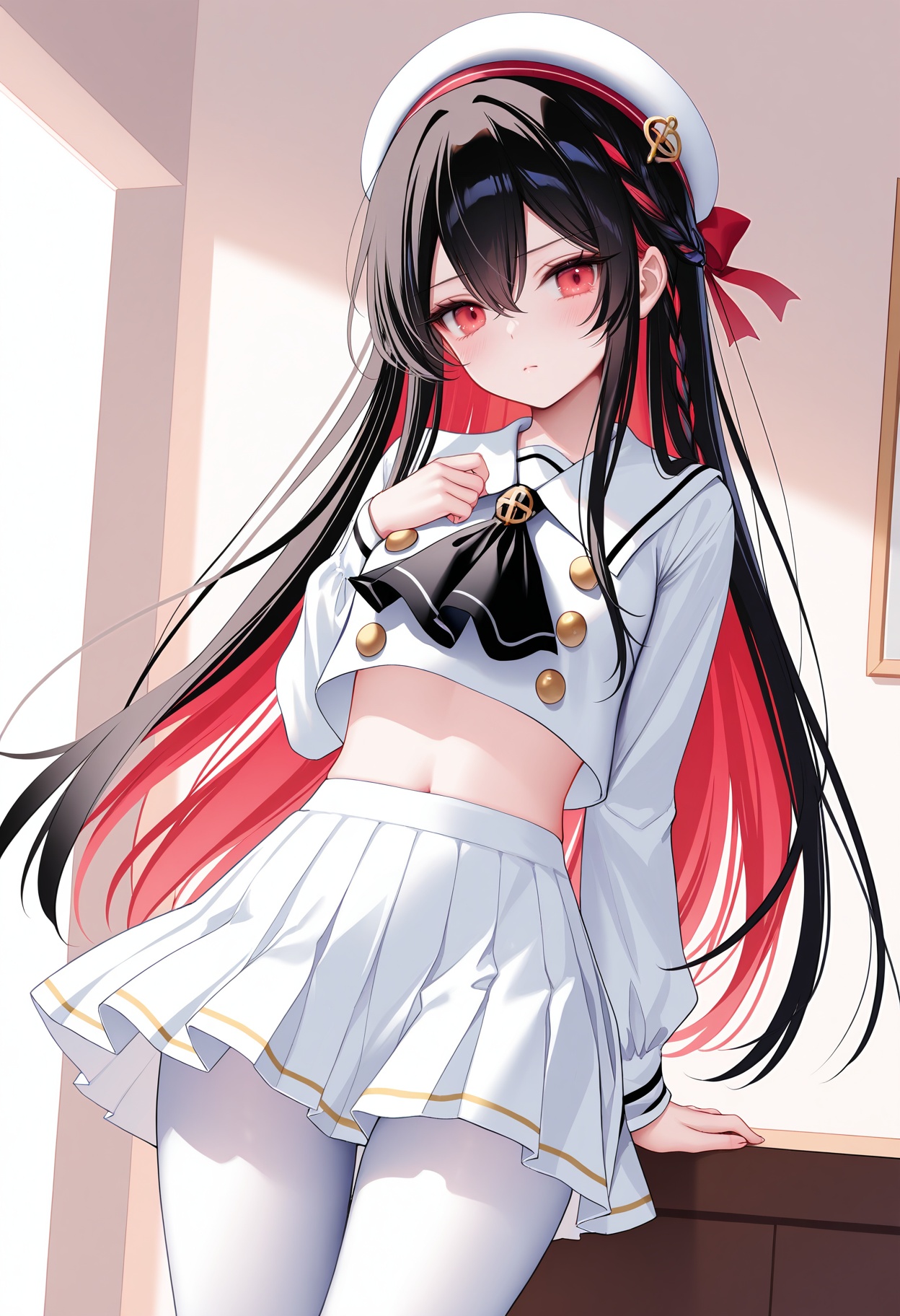 masterpiece, best quality, newest, absurdres, highres,(chen bin: 0.5),(hiten \(hitenkei\):0.4),(rimuu:0.5),(mignon:0.5),(sheya:0.6), ren(def), 1girl, long hair, black hair, multicolored hair, red eyes, hair between eyes, red hair, colored inner hair,janus(school),,school uniform, white serafuku,  white skirt, miniskirt,microskirt, crop top, long sleeves,beret,neckerchief,white pantyhose, standing,<lora:ren(witch)XLNAI:1>,<lora:Janus(Uniform)XLNAI:1>