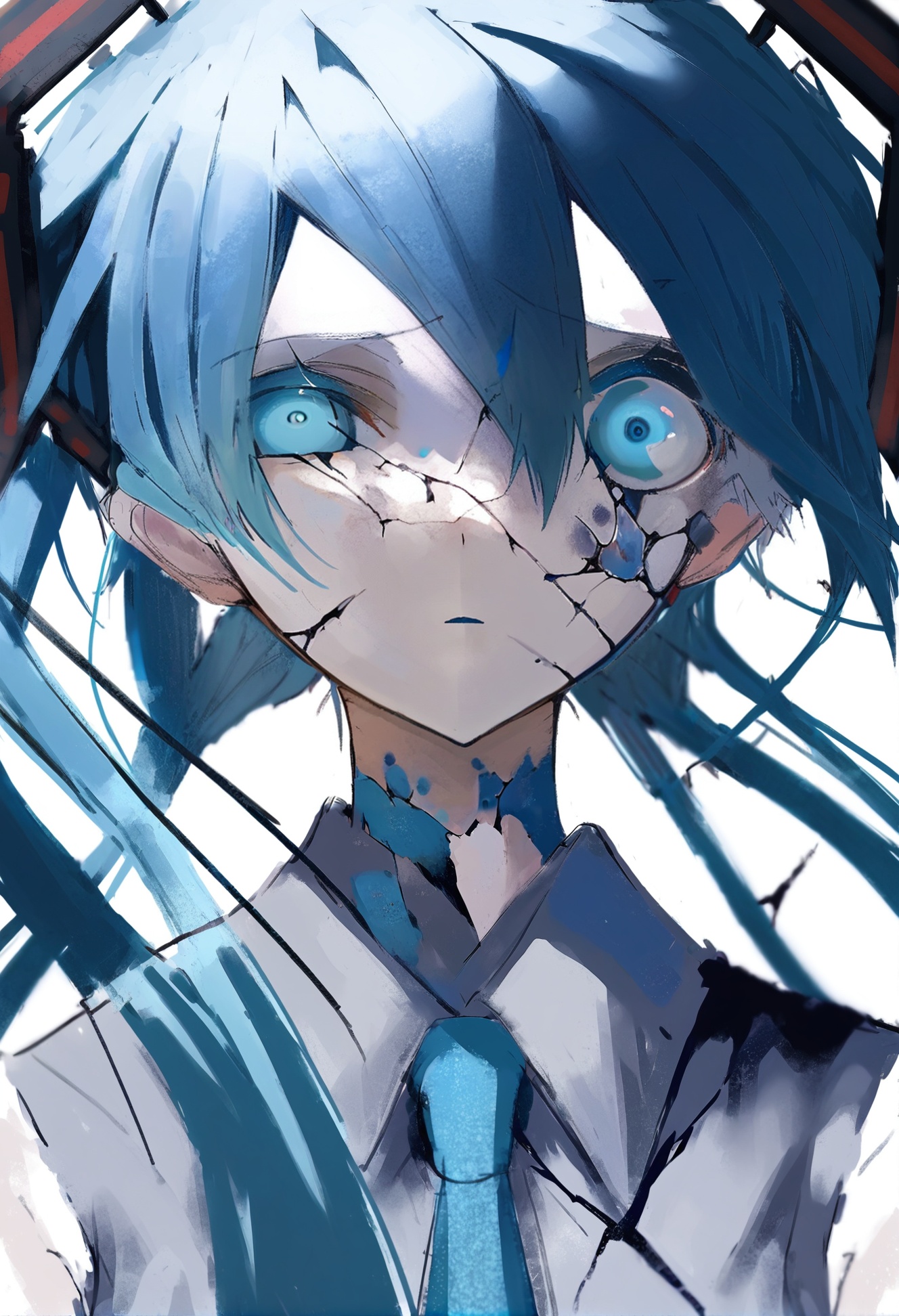 masterpiece, best quality, 1girl, solo, hatsune miku, twintails, long hair, looking at viewer, blue eyes, blue hair, shirt, white background, necktie, grey shirt, aqua hair, upper body, bangs, simple background, cracked skin, hair between eyes, expressionless, collared shirt, aqua eyes, closed mouth  <lora:ziyunXLlokr8f-000180:0.95>