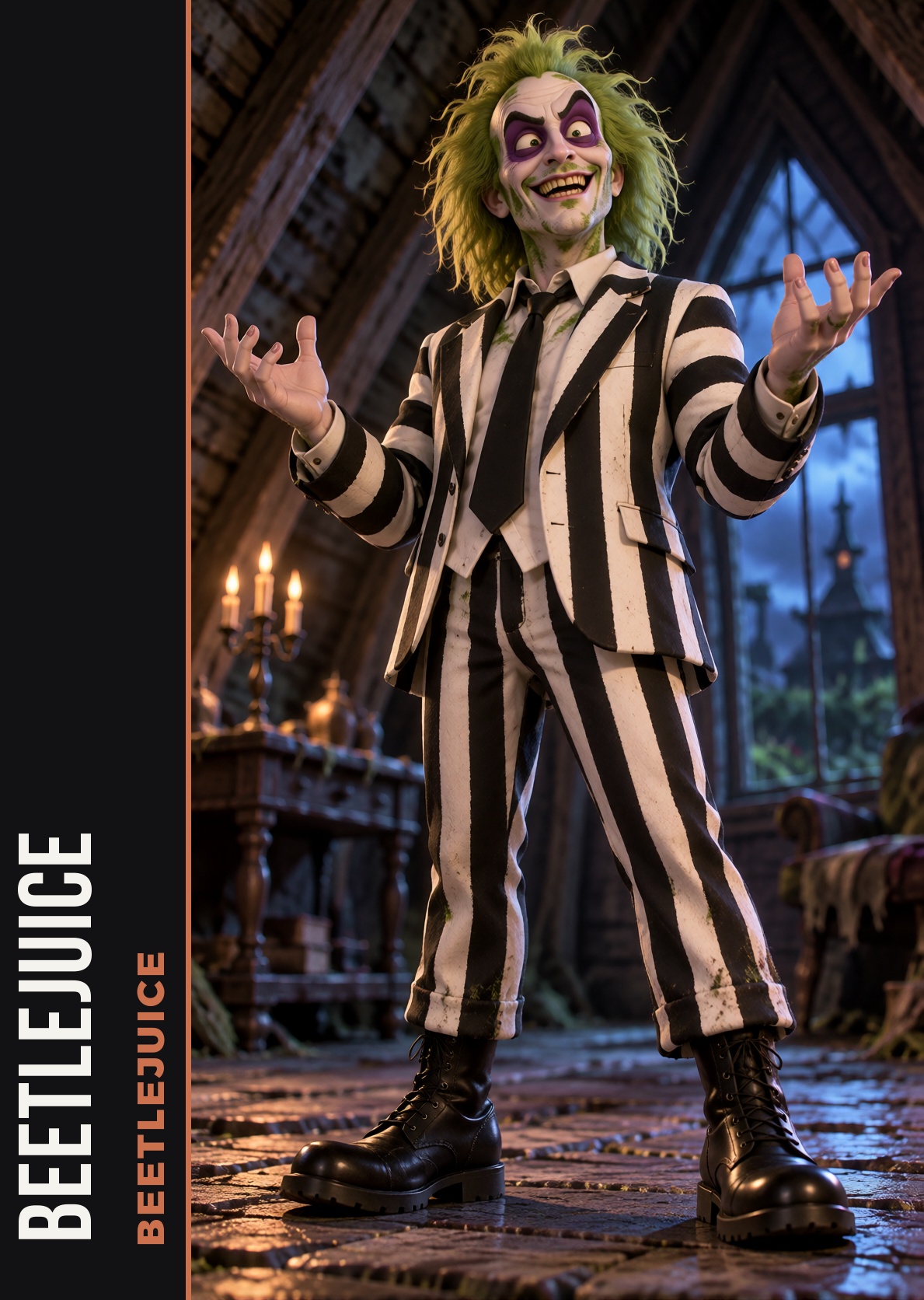 realfig,  Beetlejuice in his black and white striped suit with green messy hair,  full body on Tensor.Art